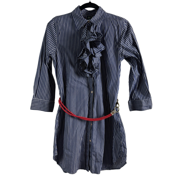 LAUREN JEANS Tops - LAUREN JEANS Blue & White Striped Ruffle Button Down Shirt M